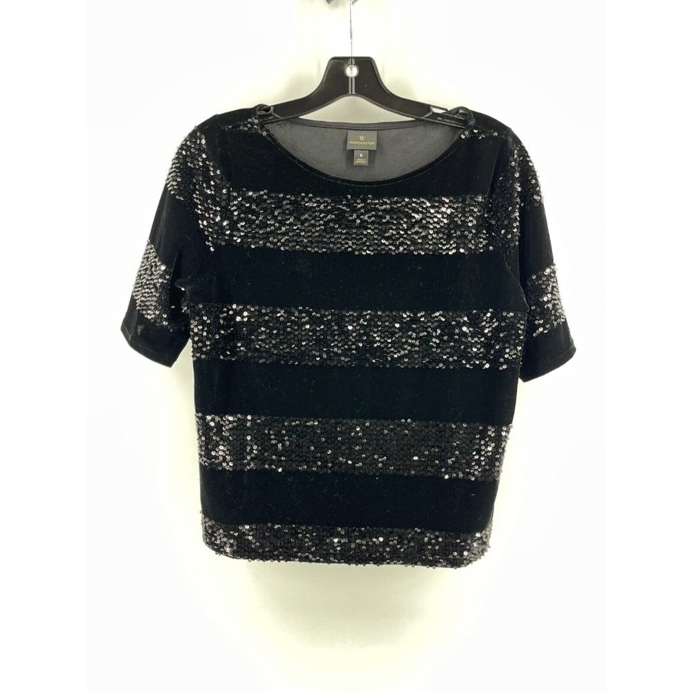 Worthington Short Sleeve Black Velour Sequins Top Shirt Size Small Striped